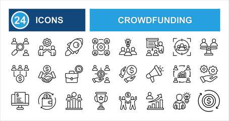 Crowdfunding line icons set with , featuring equity, investor, charity, refund, creator, social responsibility, legal complience, money, reward. thin linear illustration