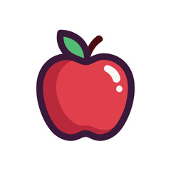 A shiny red apple with a green leaf and a stem, a vector icon representing a healthy snack, knowledge, and education.