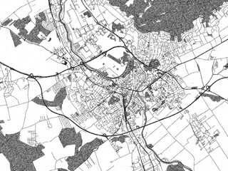 Poster-ready black and white illustration map of Nitra, Slovakia, detailed and artistic.