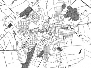 Naklejka premium Illustrated city map of Bakhmut, Ukraine, in black and white, showing roads and textures.