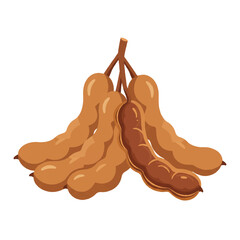 Fototapeta premium Tamarind pods bunch, a flat 2D vector illustration on a clean white background, showcasing the natural texture and shape of the tropical fruit.