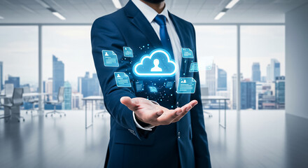 "Business professional holding glowing cloud icons symbolizing cloud computing digital data storage modern technology and online network solutions"