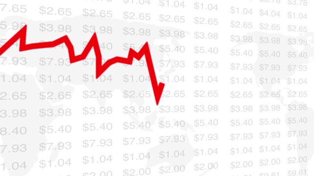 Dramatic stock market crash chart with falling prices. Digital display of a falling stock market candlestick charts and downward arrows animation
