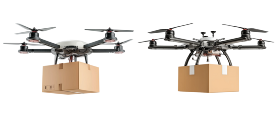 Box carried by a drone isolated on a white background. 