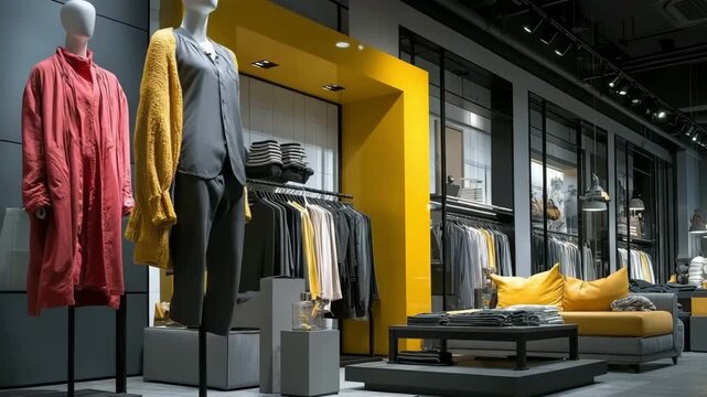 The interior of a bright, contemporary clothing store features mannequins wearing fashionable attire that are highlighted on display platforms.