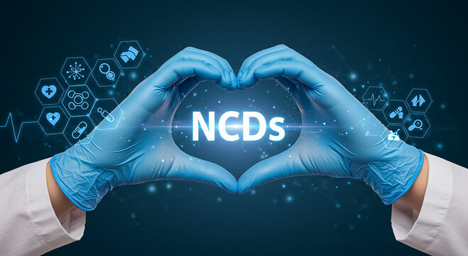 "Hands forming digital glowing heart shape with ncd letters symbolizing noncommunicable disease awareness healthcare support and prevention concept"