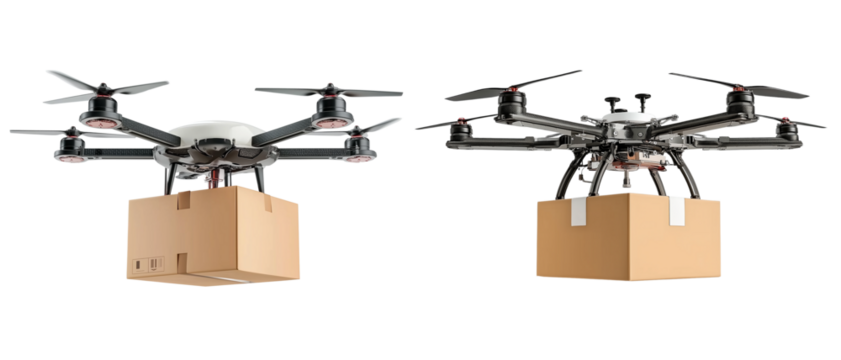 Box carried by a drone isolated on a white background. 