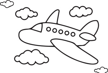 Simple Line Art Drawing of an Airplane Flying Among Clouds