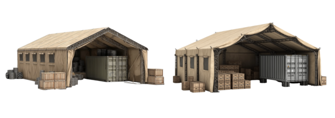 a military covered storage tent with a large entrance and door, filled with pallets of supplies on transparent background. cutout
