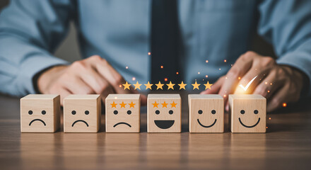 "Wooden blocks with customer satisfaction rating concept showing happy neutral and sad faces symbolizing feedback quality and service improvement"
