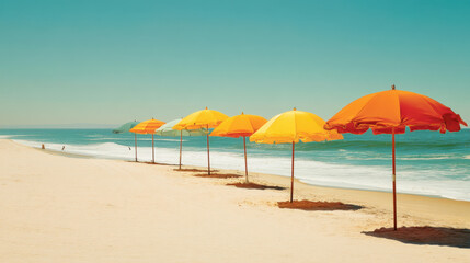 Fototapeta premium Bright beach umbrellas line sandy shore, creating vibrant scene against clear blue sky and gentle waves. cheerful colors evoke sense of relaxation and summer fun