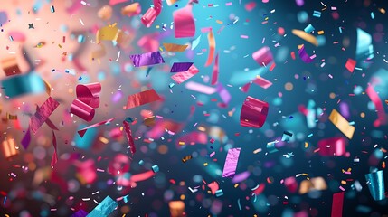 Colorful confetti falling through the air in vibrant celebration atmosphere with a festive background of blue and pink hues