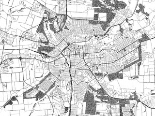 Decorative black and white map of Luhansk, Ukraine, rendered in sketch-like style.