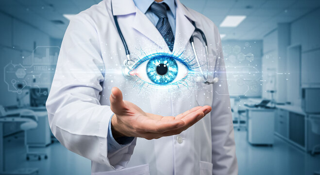 "Medical professional presenting glowing digital eye hologram symbolizing vision diagnostics ophthalmology and innovation in modern healthcare technology"