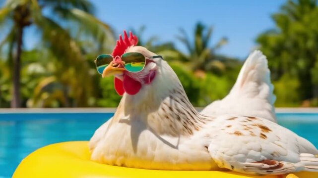Funny white chicken with red comb sitting near swimming pool enjoying sunny outdoor leisure lifestyle