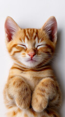 Fototapeta premium Cute ginger kitten sleeping with paws up on white blanket. 