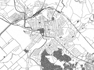 Stylized black and white urban map of Pavlohrad, Ukraine, hand-drawn for decor and creative use.