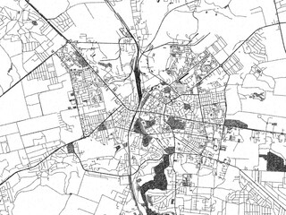 Poster-ready black and white illustration map of Rivne, Ukraine, detailed and artistic.