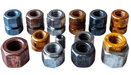 Assorted nuts and bolts in various metallic finishes