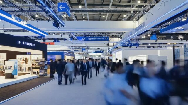 Energetic crowd moving through a modern technology expo exhibit hall, perfect for tech industry branding