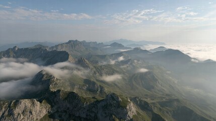 Fototapeta premium Drone flight above Austrian mountains with summer meadows and ridges