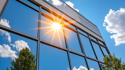 Modern Glass Building Reflecting Sunlight and Clouds