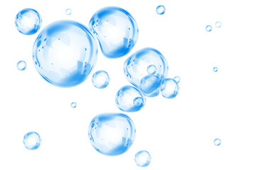 Blue soap bubbles, liquid sphere, foam freshness, underwater floating, vibrant dew, abstract shine, washing concept.