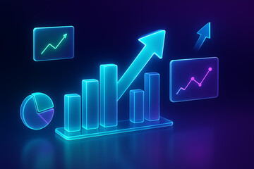 3D Glassmorphism Illustration of Business Elements with Graph, Arrow, and Chart for Modern Corporate Design Background, Perfect for Finance, Marketing, Analytics, Growth, and Technology Concepts