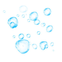 Set of realistic blue soap bubbles in various sizes. Bubbles are located on a transparent background. Water glass bubble realistic