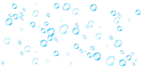 Blue soap bubbles, liquid sphere, foam freshness, underwater floating, vibrant dew, abstract shine, washing concept.