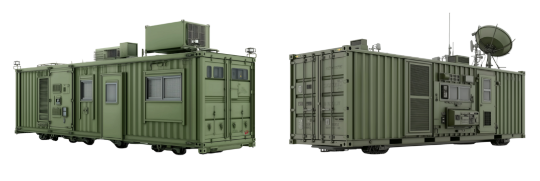 3d rendering of an olive green mobile network site container with an air conditioner, windows, and doors on a white background