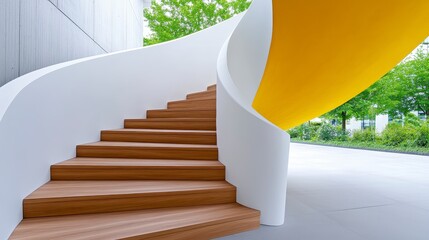 Modern Wooden Spiral Staircase with Yellow and Green Accents
