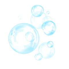 Set of realistic blue soap bubbles in various sizes. Bubbles are located on a transparent background. Water glass bubble realistic