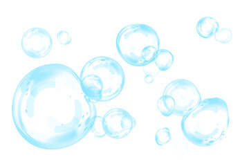 Set of realistic blue soap bubbles in various sizes. Bubbles are located on a transparent background. Water glass bubble realistic