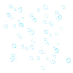 Set of realistic blue soap bubbles in various sizes. Bubbles are located on a transparent background. Water glass bubble realistic