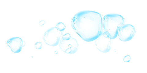 Blue soap bubbles, liquid sphere, foam freshness, underwater floating, vibrant dew, abstract shine, washing concept.