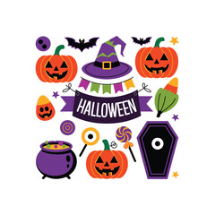 Halloween illustration with pumpkins, witch hat, coffin, cauldron, candy, bats and festive decorations on white background