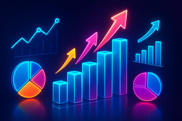3D Neon Illustration of Business Elements with Graph, Arrow, and Chart for Modern Corporate Design Background, Perfect for Finance, Marketing, Analytics, Growth, and Technology Concepts