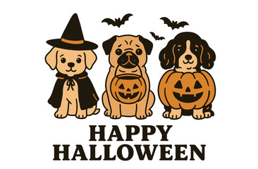 Happy Halloween Cute Dogs in Costumes. Retro Pug and Spaniel Puppies with Pumpkin and Witch Hat.