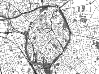 Fototapeta premium Stylized black and white urban map of Brugge Centrum, Belgium, hand-drawn for decor and creative use.