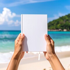 Hands hold a blank white book on a beach