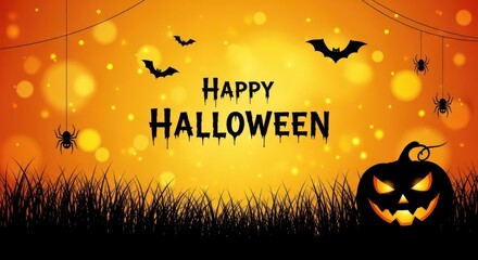 Happy Halloween Spooky Night with Bats and Pumpkin