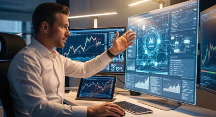 A financial analyst interacting with an AI algorithm for high-frequency trading and risk assessment, multiple monitors displaying complex graphs and stock market data, tense atmosphere