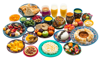 Decorative small iftar table setting with kids foods arranged beautifully in vibrant dishes for Islamic holy month celebration isolated on transparent background PNG