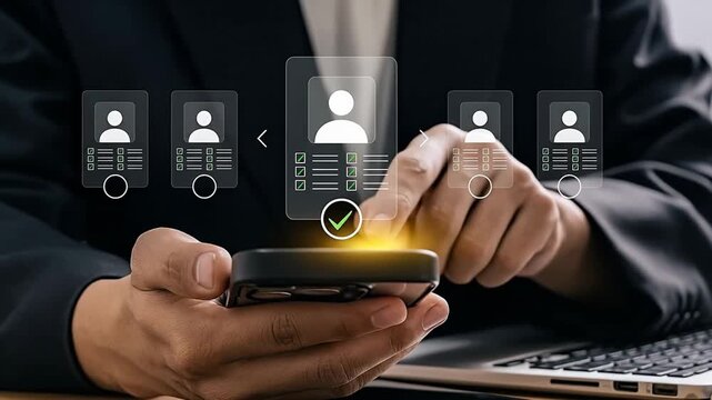 Business person selecting virtual user profile on smartphone, symbolizing HR, recruitment, or digital identity management. - Powered by Adobe