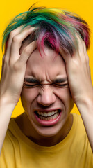 Frustrated young person with colorful hair screaming and holding head.  
