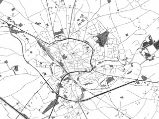 Stylized black and white urban map of Tienen, Belgium, hand-drawn for decor and creative use.