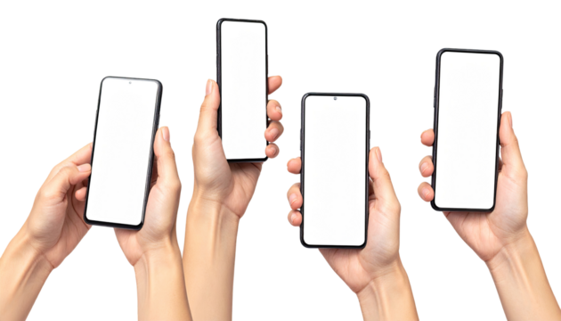Multiple hands holding smartphones with blank screens (1)