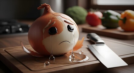 Sad crying onion with knife on cutting board ready for cooking, culinary concept