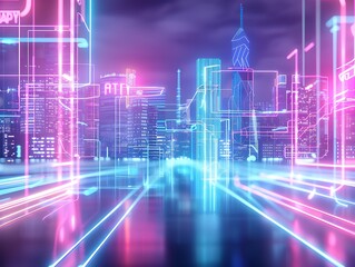 Futuristic Cityscape with Neon Lights and Vibrant Colors at Night in a Digital Environment